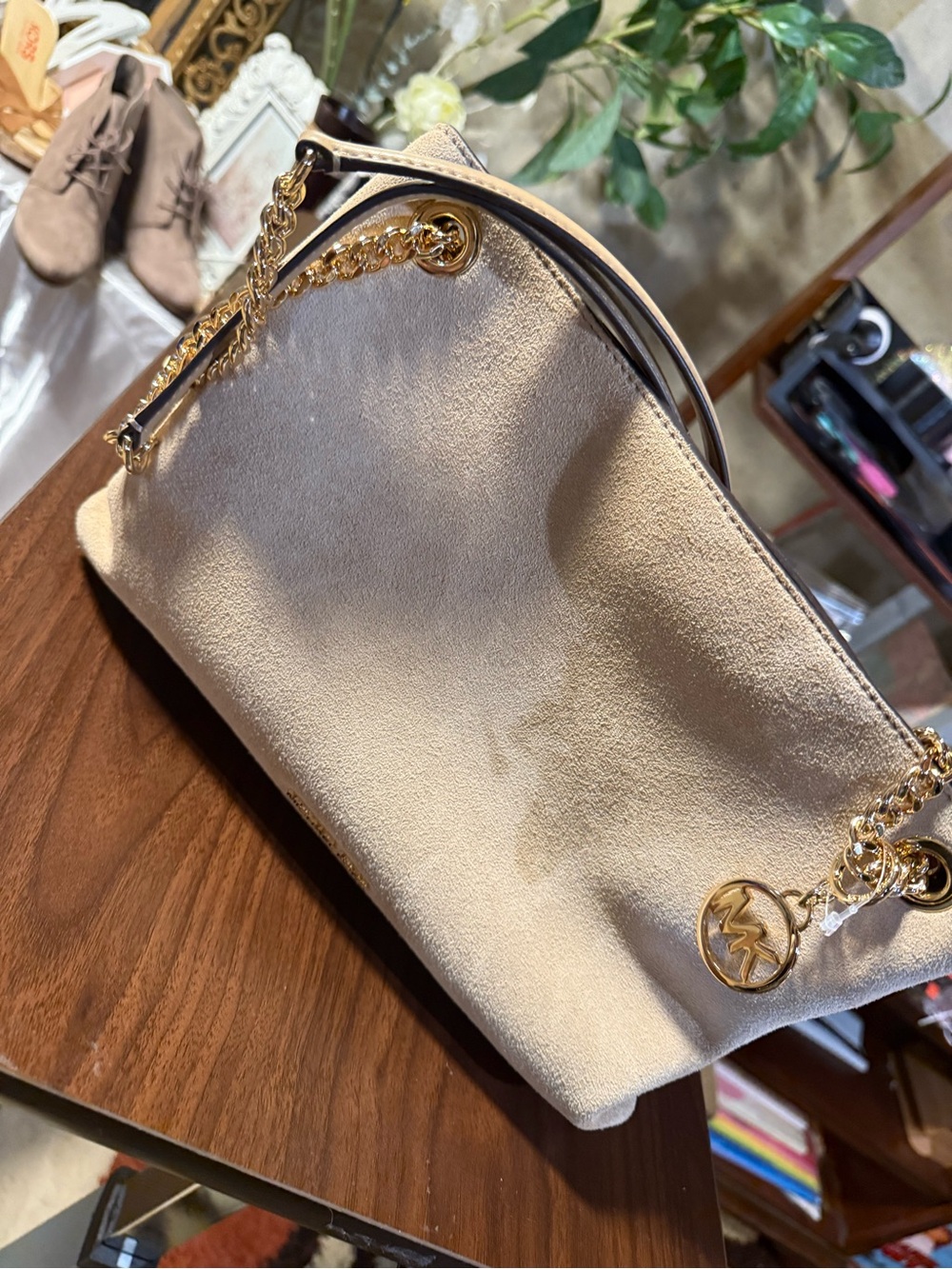 Michael Kors Cream Suede Chain Shoulder Bag with Gold Hardware